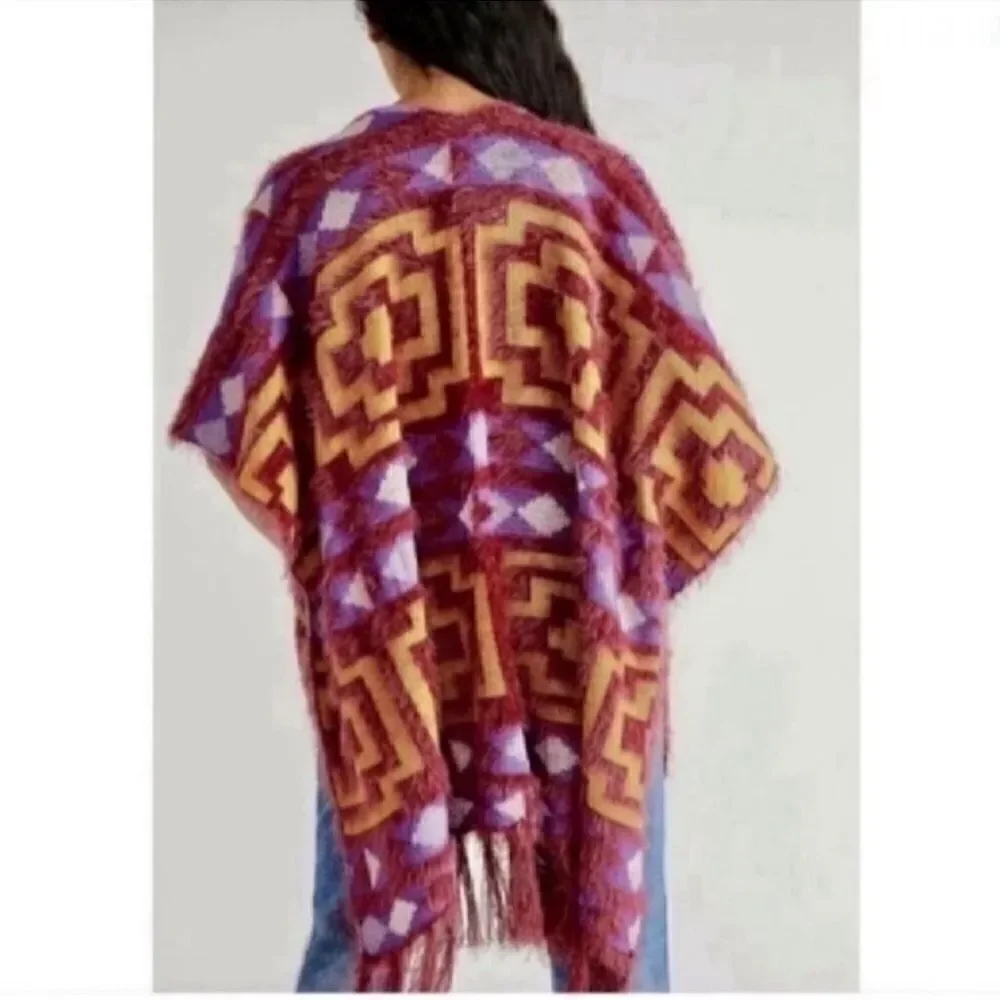 Free People Sweater Soft Knit Fringed Wine Gold Kimono (Size OS)